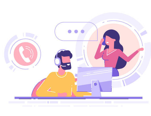 Man with headset is sitting at his computer and  talking with client. Clients assistance, call center, hotline operator, consultant manager, technical support and customer care. Vector illustration.